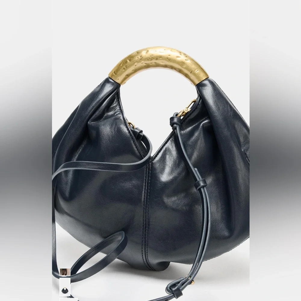ZARA NWT Navy Blue Handbag with Gold Handle